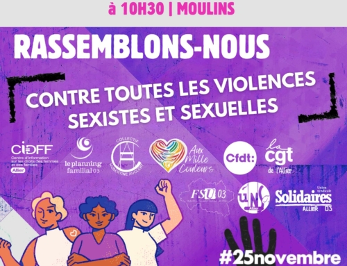 Violences faites aux femmes STOP. Rassemblement Moulins samedi 23 novembre 10h 30.