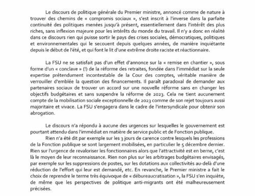 Orientation de l’exécutif Macron-Bayrou : position de la FSU.