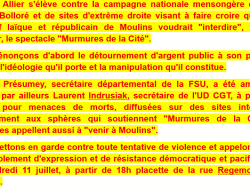 Plainte déposée, mise en garde, pour un rassemblement pacifique : communiqué de la FSU Allier.