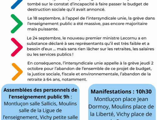 Tract FSU Allier pour le 2 octobre.