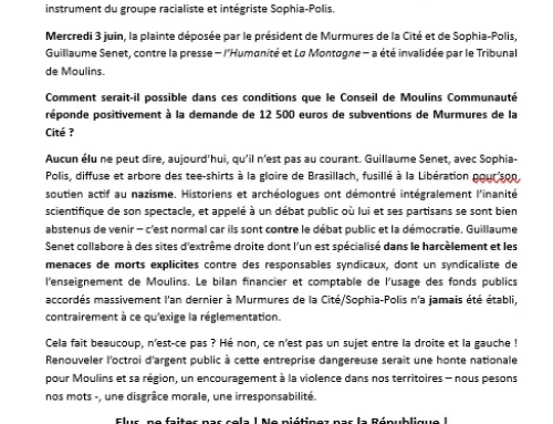 Communiqué du Collectif laïque et républicain, Moulins : rassemblement devant le Conseil communautaire mardi 16 juin.